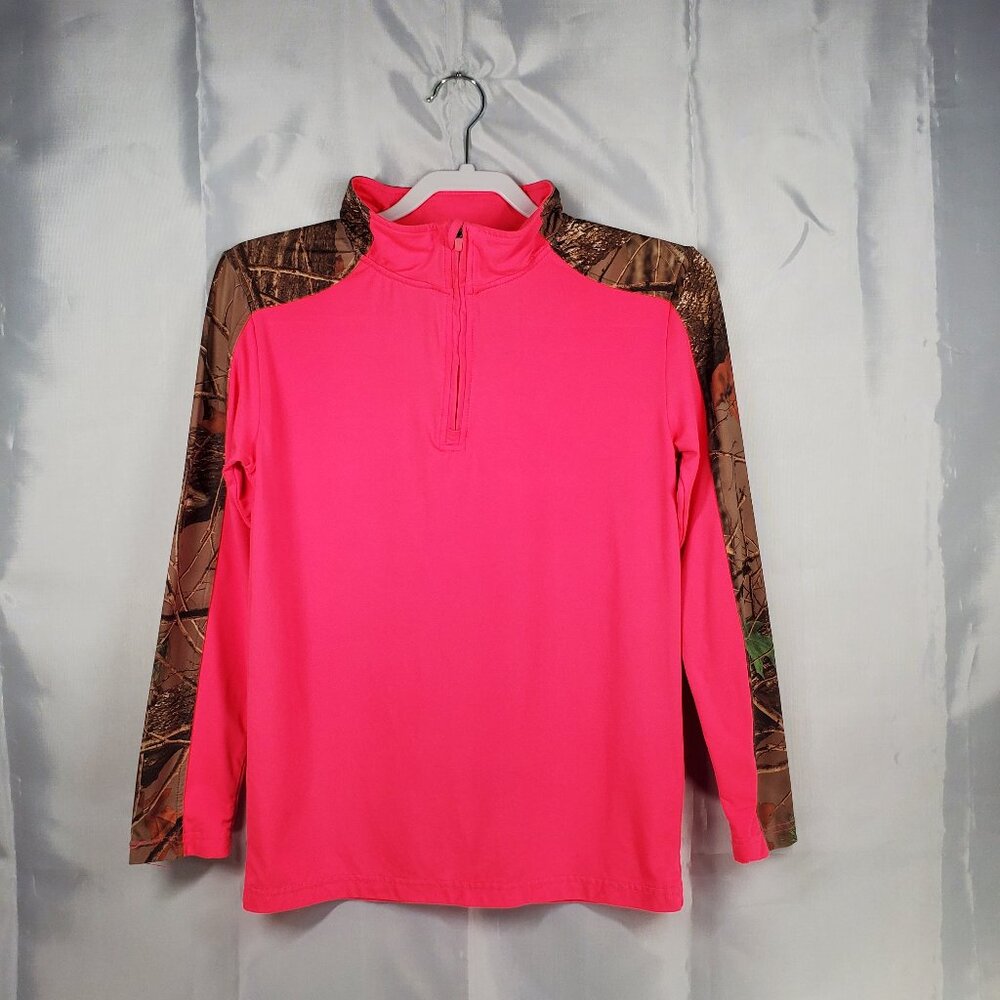 Trail Crest Kids 1/4 Zip Pullover Top Pink and Highland Forest Camo Girls Sz XL